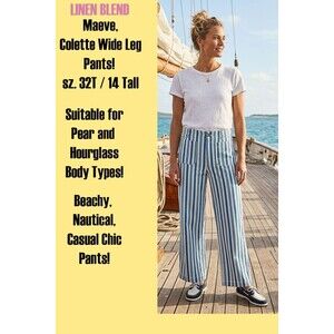 Maeve Anthropologie Colette Linen Full Length Pants Blue White 32T Wide Leg 14 T